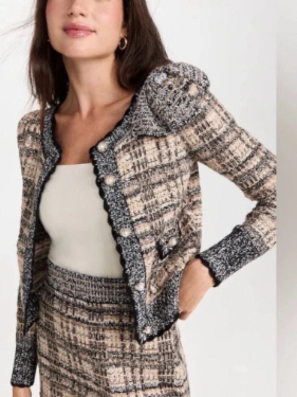 LoveShackFancy Chantria Tweed Knit Cardigan Pearl Button Bouclé Sweater Jacket S